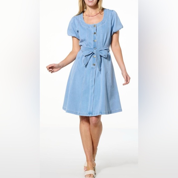 DG2 Puff Sleeve Stretchy Denim Dress - Picture 1 of 11